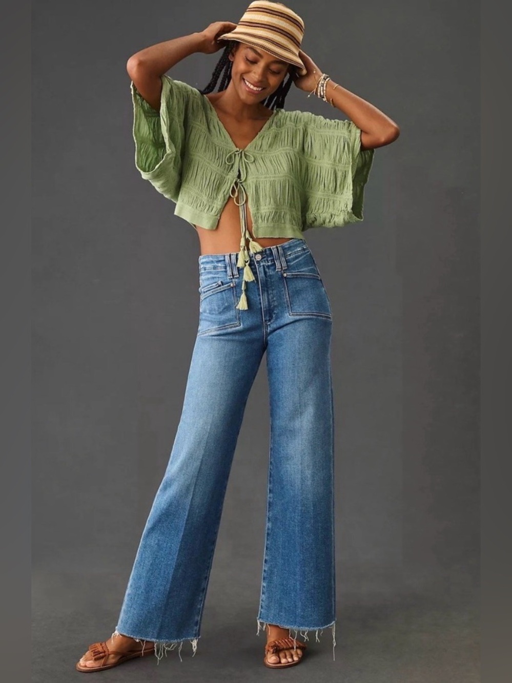 PAIGE Anessa "Sunnie Distressed" High-Rise Wide Leg Crop Jeans Raw Hem Size 32 - Picture 2 of 15